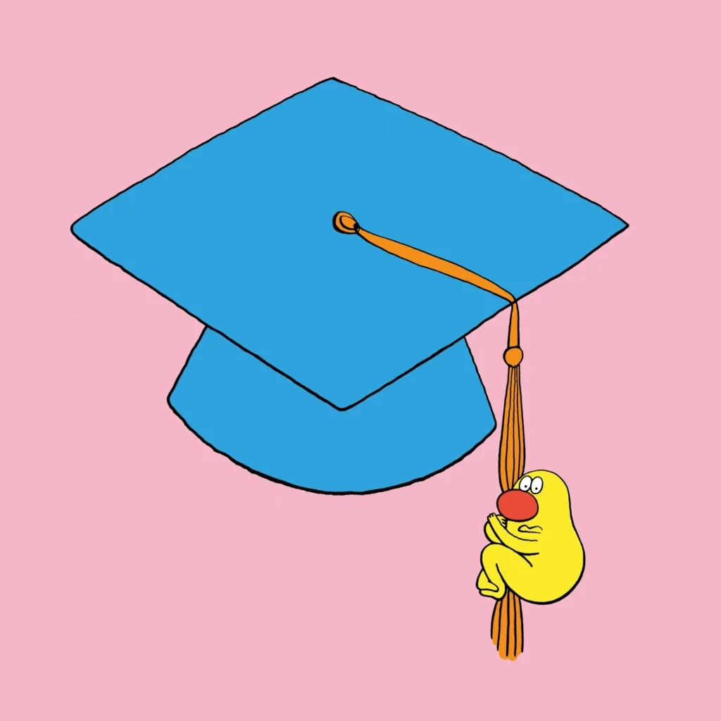 A blue graduation cap with a yellow character clinging to its tassel against a pink background.