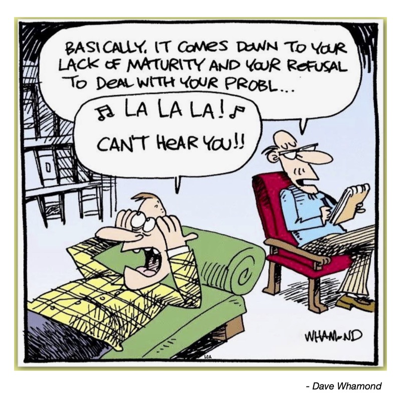 A man on a couch shouts "Can't hear you!" while another man, seated, expresses frustration about maturity.