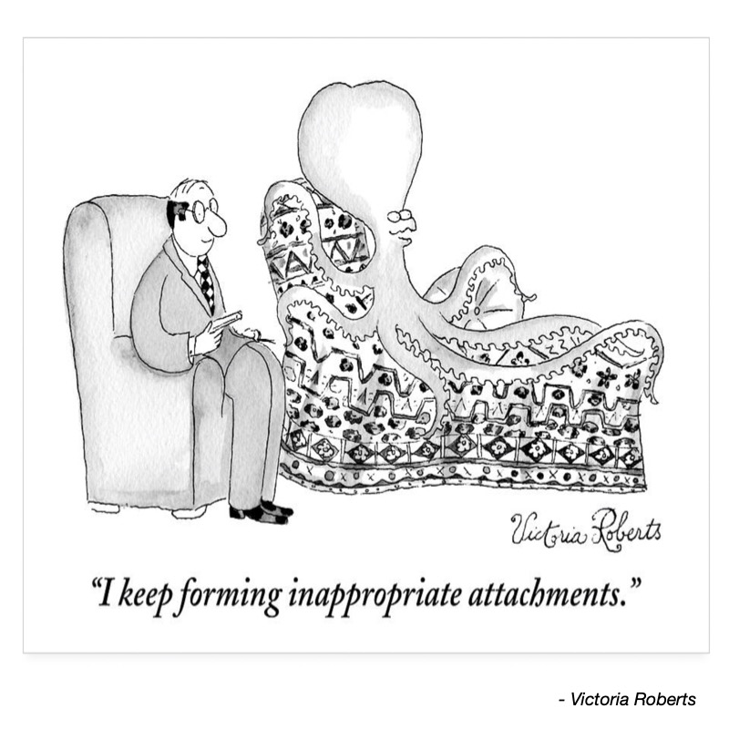 A man sits on a couch, speaking to a large, patterned octopus. The octopus responds humorously.