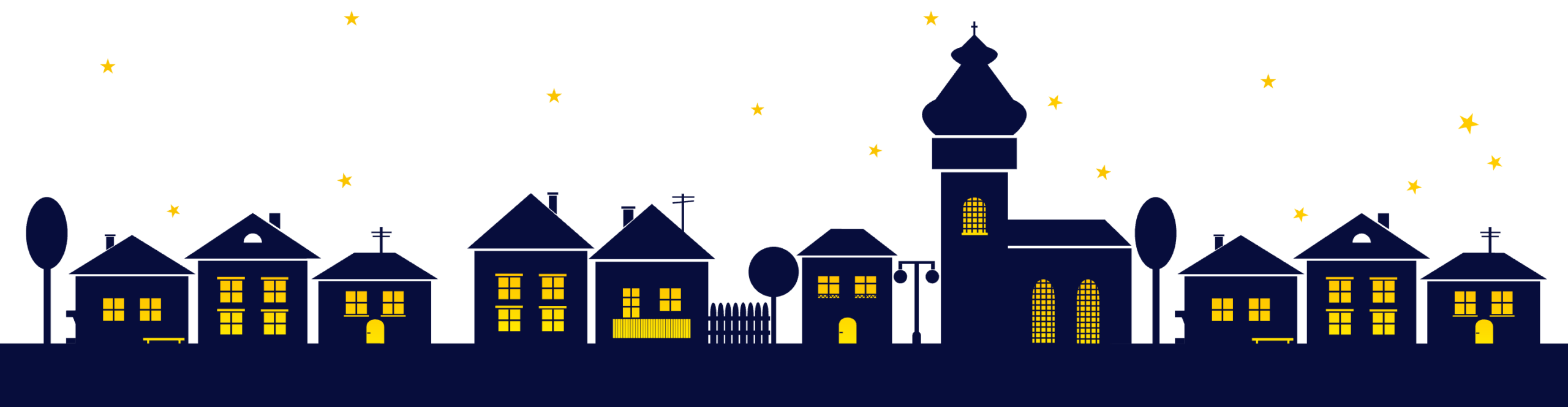 A nighttime village scene with houses, a church, trees, and stars. Windows glow yellow against a dark background.