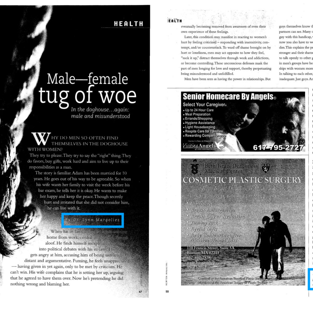 Article discusses men's emotional struggles in relationships, featuring Dr. Lynn Margolies as a psychologist.