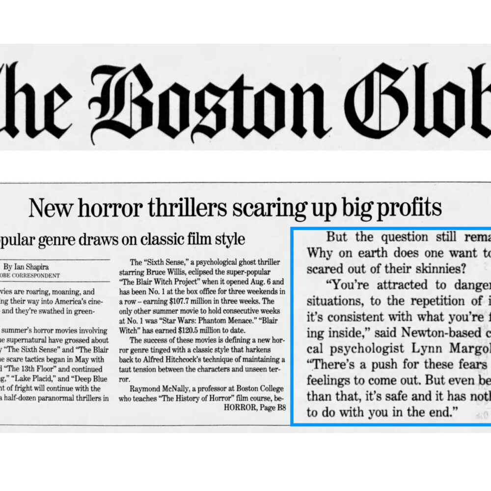 Article discusses the popularity of horror films and features insights from psychologist Lynn Margolies on audience attraction to fear.