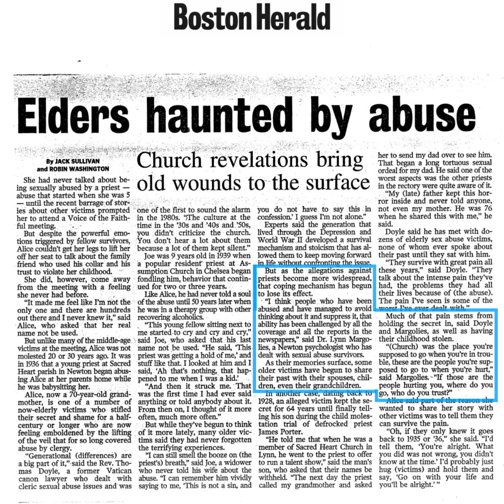 Article discusses the impact of church abuse revelations on elderly survivors, sharing personal stories and emotional struggles.