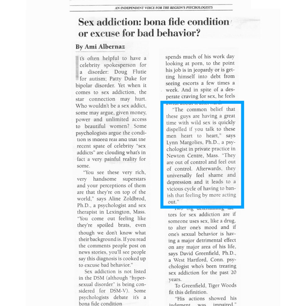 Article discusses sex addiction, featuring insights from psychologists Lynn Margolies and Aline Zoldbrod.