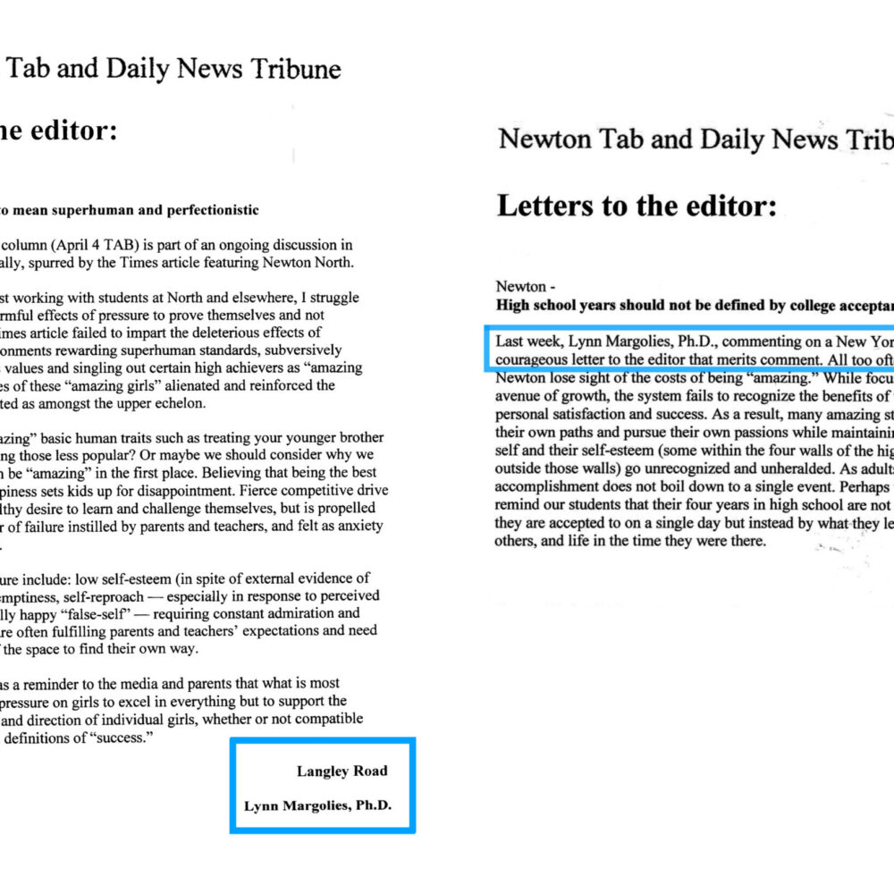 Letter to the editor discusses pressures on teens regarding achievement and self-worth, referencing Lynn Margolies, Ph.D.