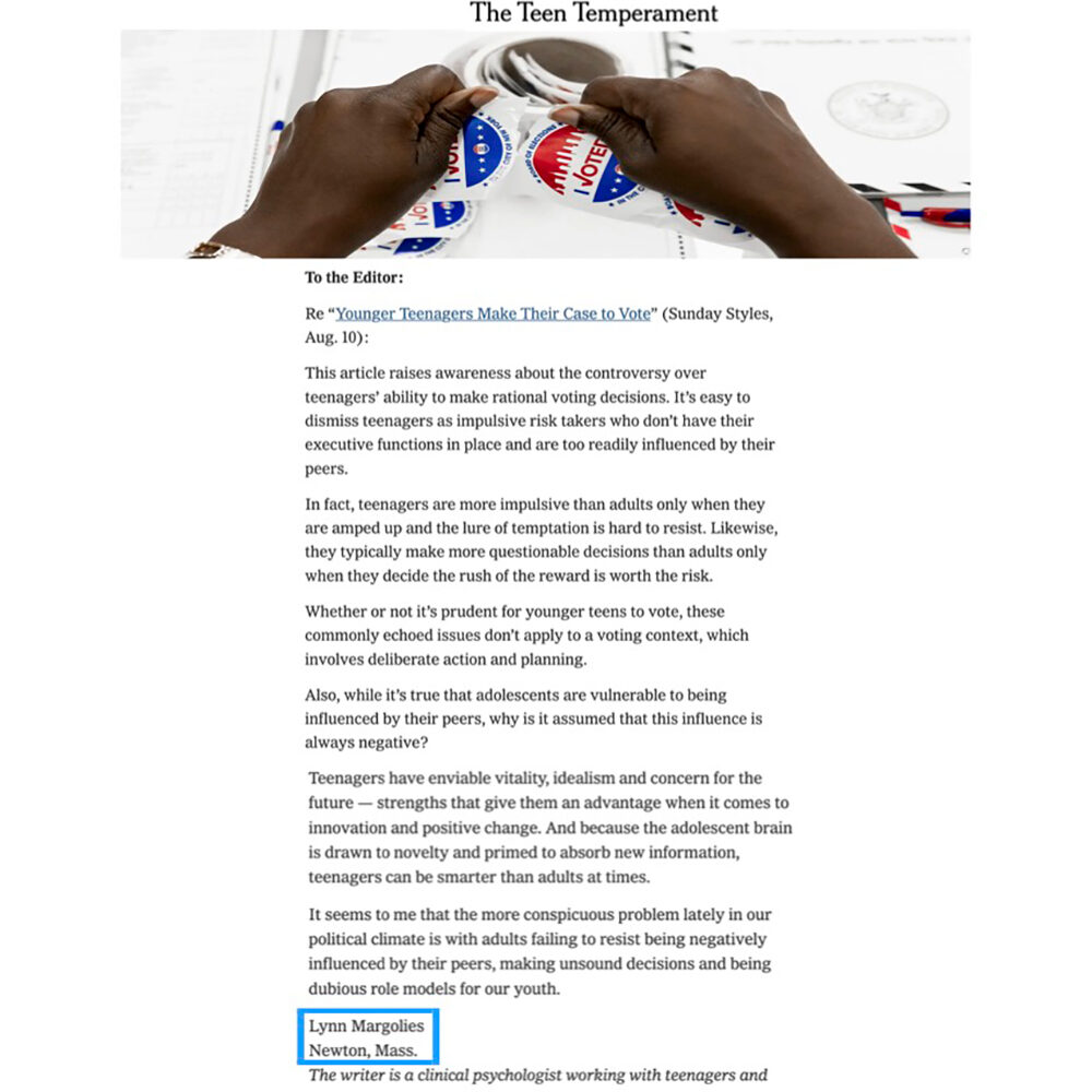 Hands hold "Vote" stickers in a New York Times article discussing teenagers' voting decisions and influences.