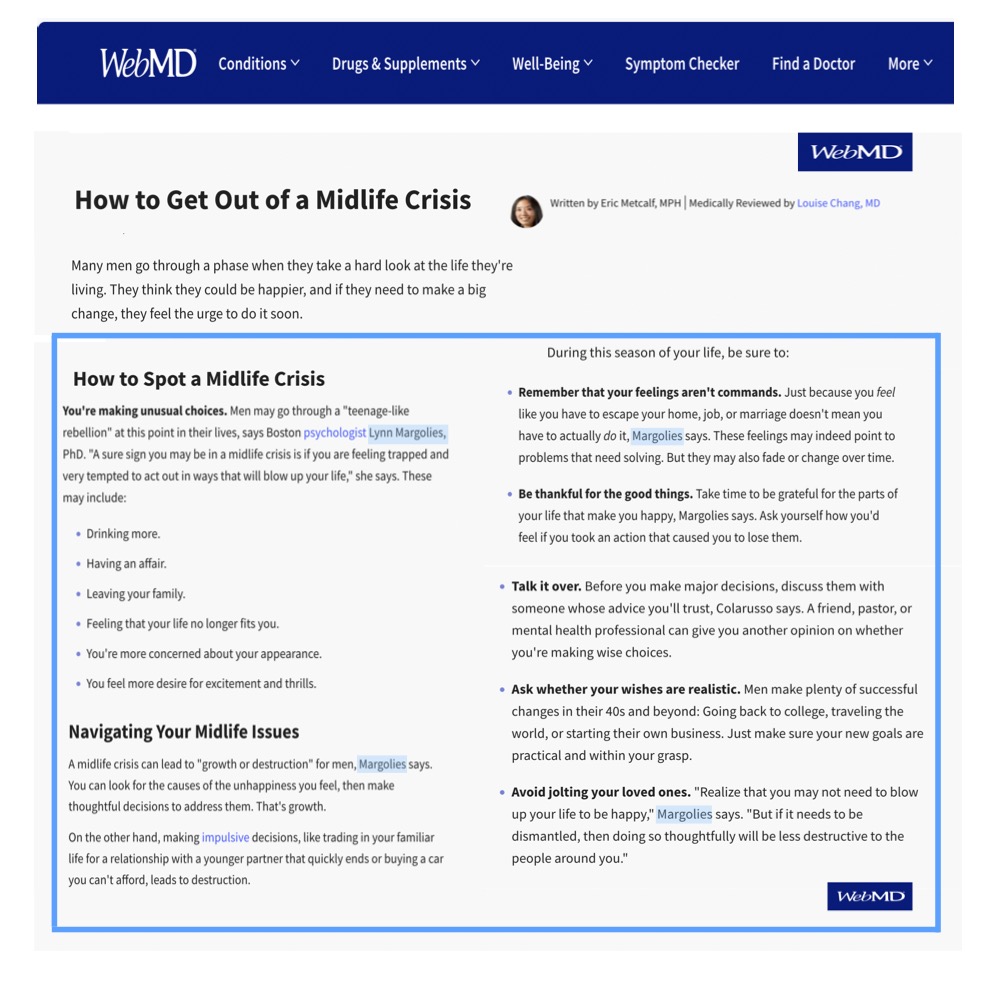 WebMD article discussing midlife crisis signs and advice from psychologist Lynn Margolies. Key points highlighted.
